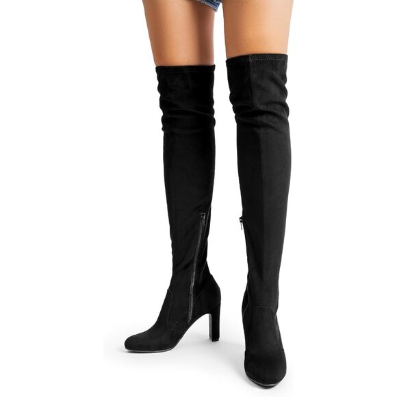 Women Black-suede Faux Suede Rounded Toe Over The Knee Thigh High Long Boots - Picture 5 of 7